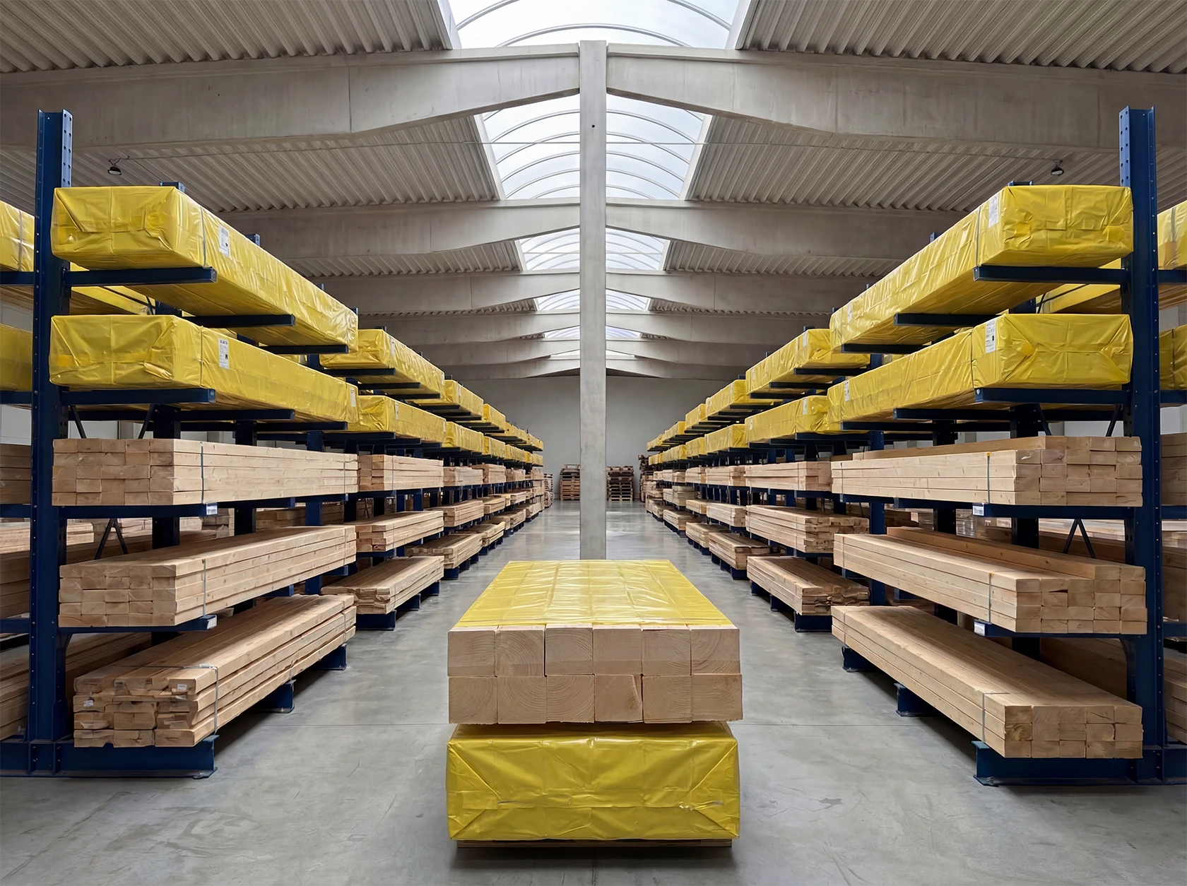 Přehledně uložené balíky hoblovaných hranolů Wood Seeds